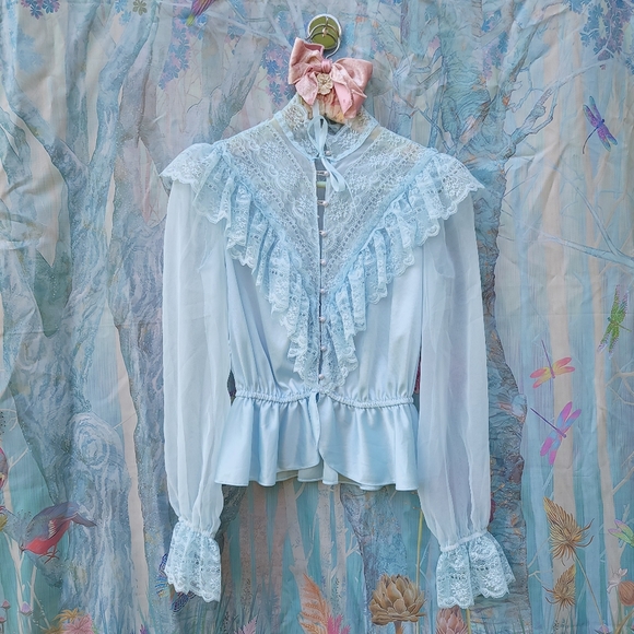 Vintage Tops - Vintage 70s Pastel Victorian Revival Blouse